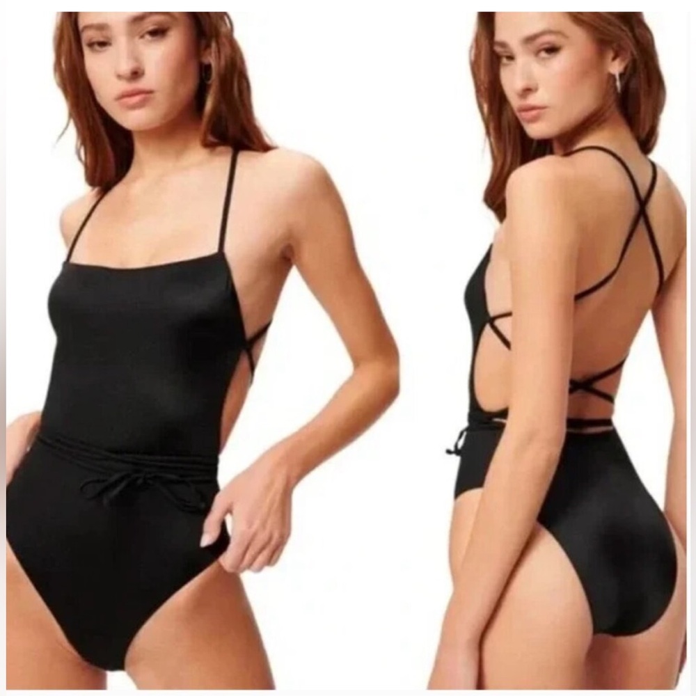 Good American Black One Piece Swimsuit Size 2 Lace Up Back